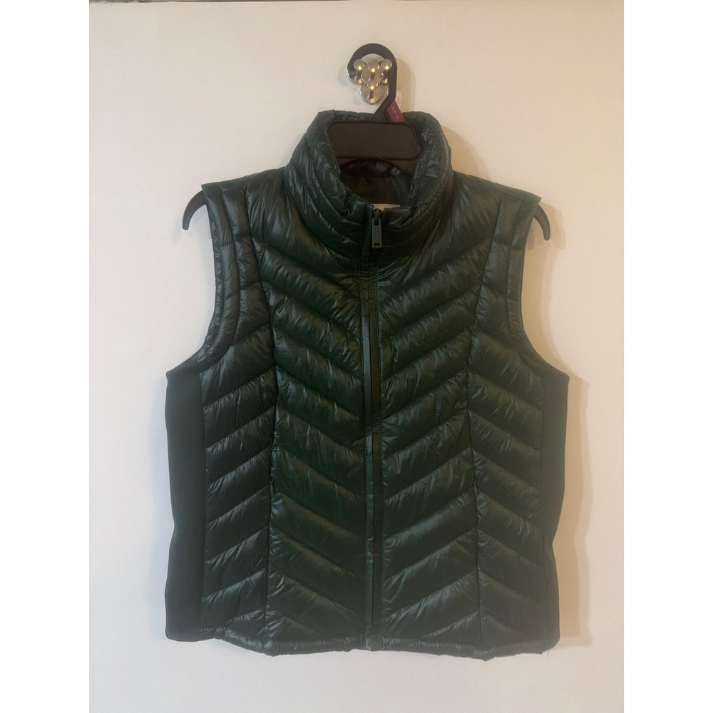 Calvin Klein Womens Sycamore Green Chevron Quilted Puffer Vest Mock Neck NWT M‎